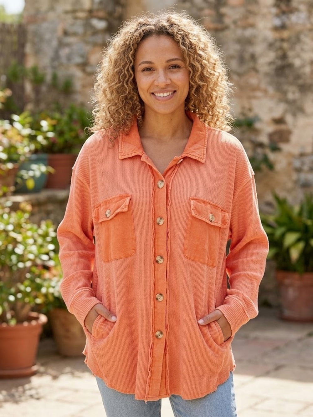 Tribal Jeans Women's Button-Front Waffle Knit Shirt Jacket - #255